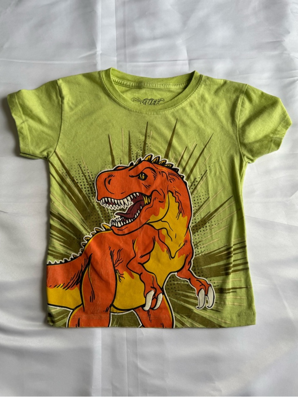 Lime Green Short-Sleeve Tee with Orange Dinosaur Graphic